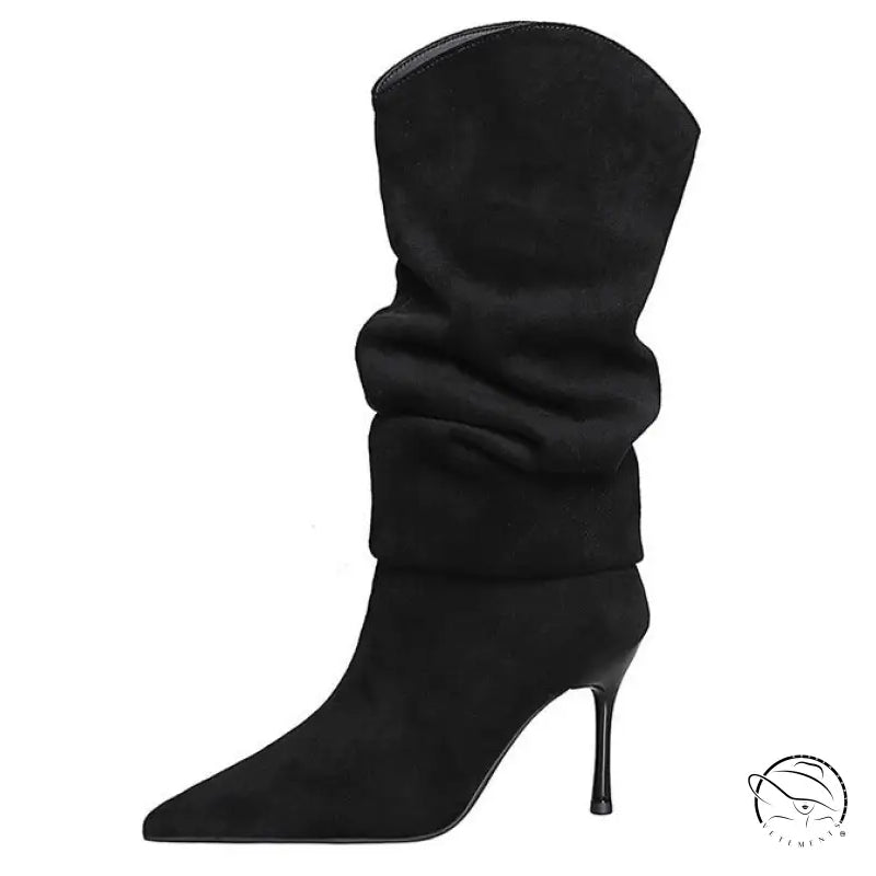 Langry fashion black suede knee-high boots with pointed toe and slender heel