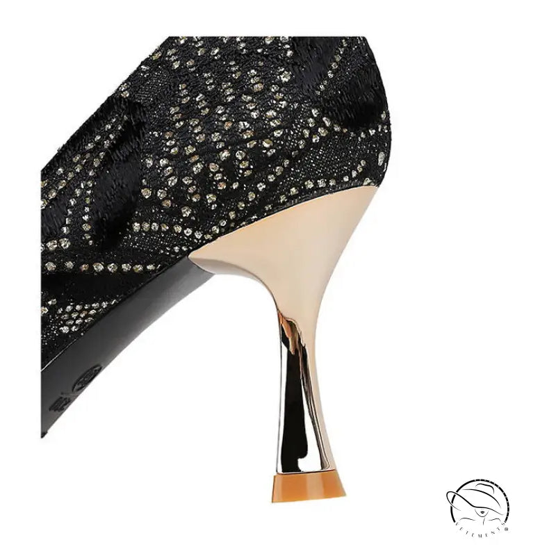 Langry fashion black lace mid heel shoes with gold metallic accents