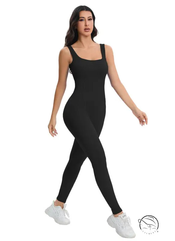 Langry breathable seamless knitted black sleeveless fashion jumpsuit