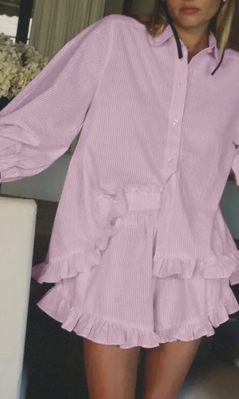 Elegant Puff Sleeve Ruffled Shirt Loose Shorts Two Piece Set