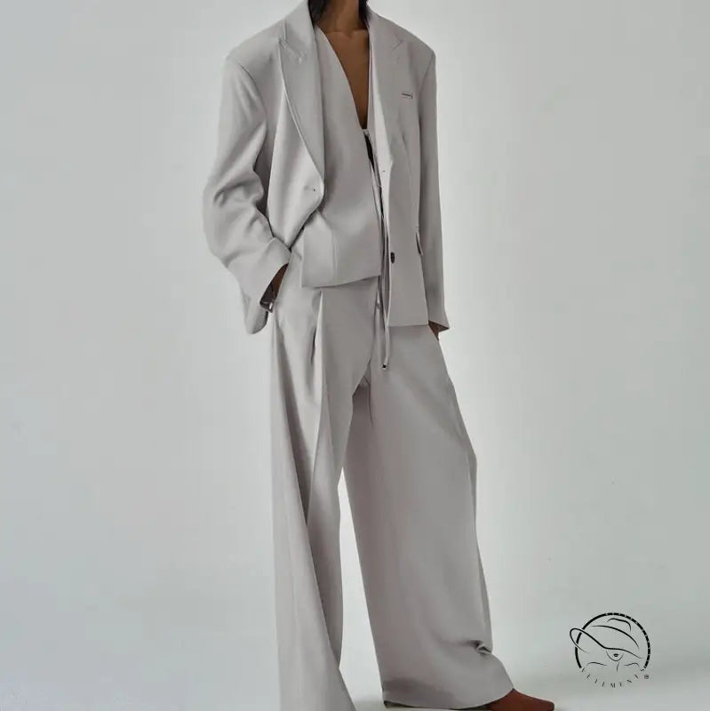 Sleek light gray long sleeve blazer set with relaxed fit wide-leg trousers