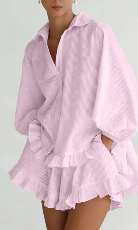 Elegant Puff Sleeve Ruffled Shirt Loose Shorts Two Piece Set