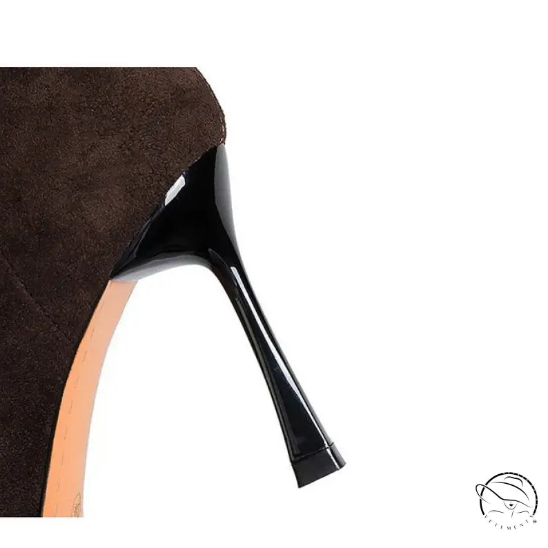 Elegant langry fashion brown suede boot with glossy black stiletto heel