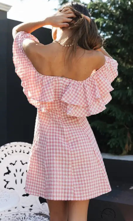 Elegant Plaid Off-shoulder Ruffled Collar Dress