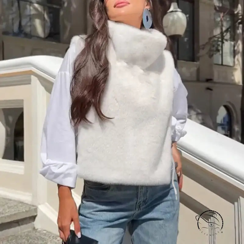Langry white faux fur vest with plush high collar, fashion waistcoat