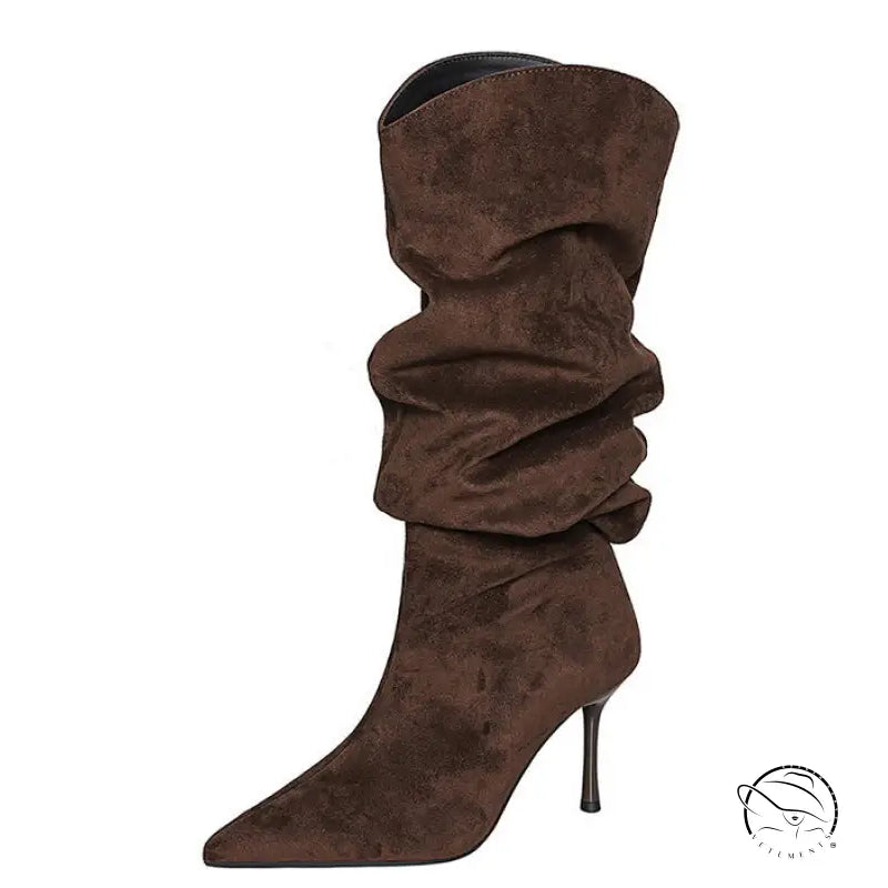 Langry fashion brown suede knee-high boot with ruched upper and slender heel