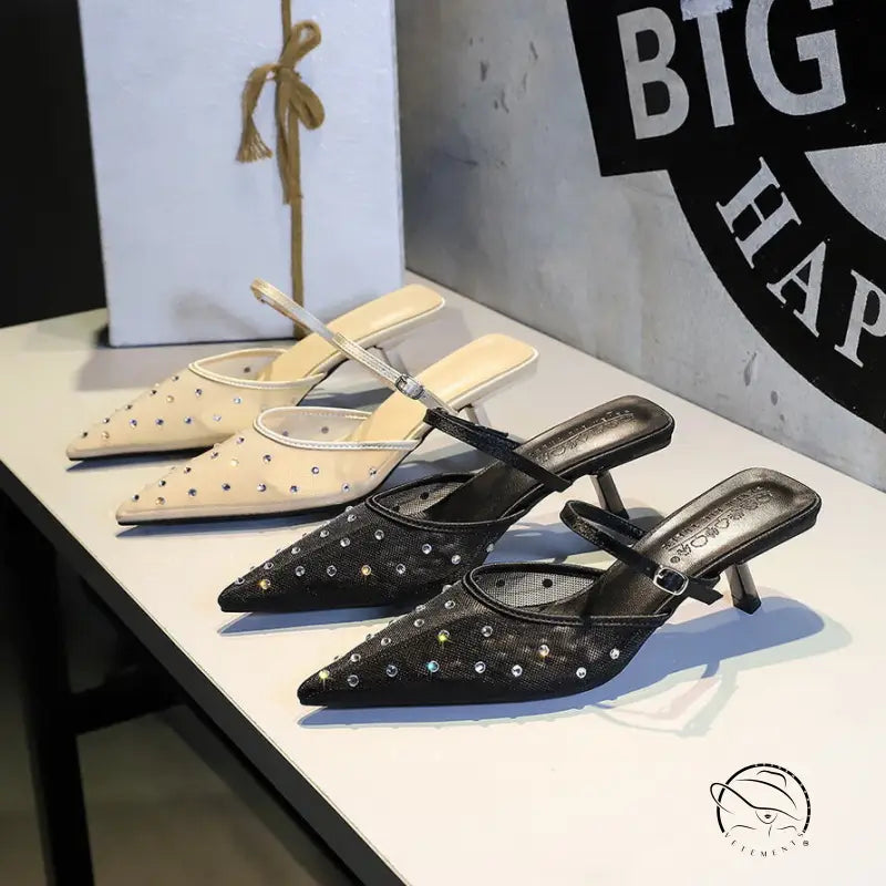 Langry fashion white and black studded mule heels in French Mesh Lace Half Slippers