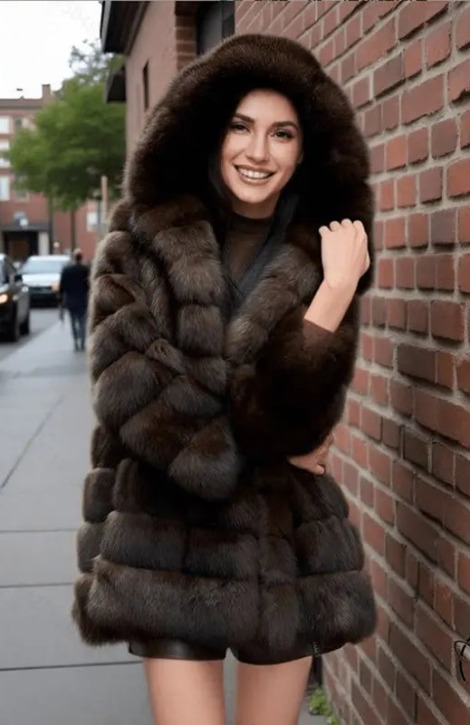 Luxurious dark brown faux fur hooded coat by Langry fashion