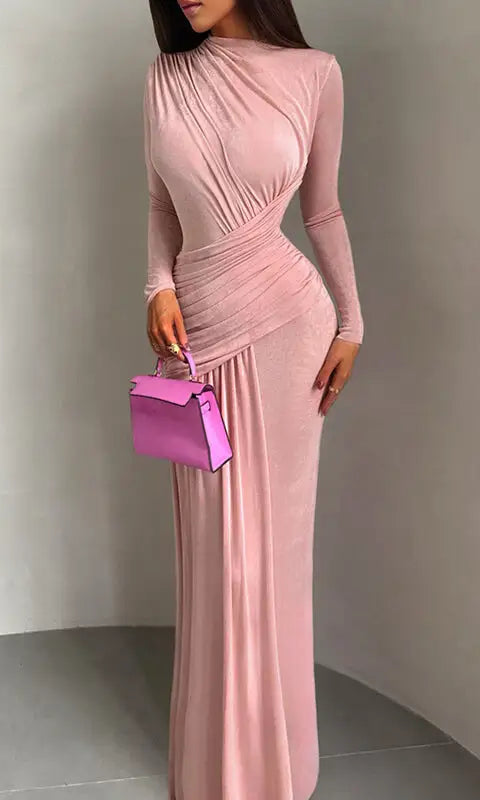 Dusty rose winter pleated slim fit maxi dress with ruched long sleeves