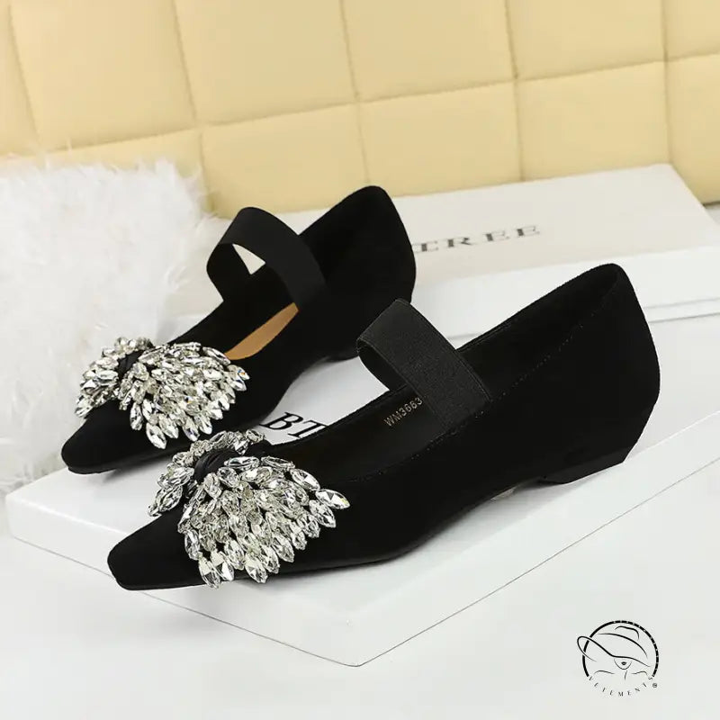 Langry black velvet Mary Jane shoes with silver rhinestone ankle strap