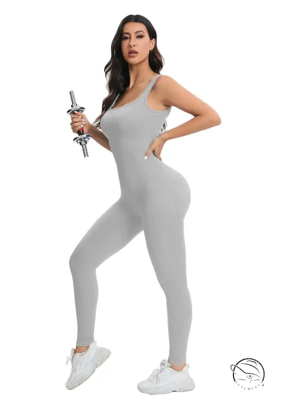 Breathable seamless knitted gray ribbed langry fashion workout suit