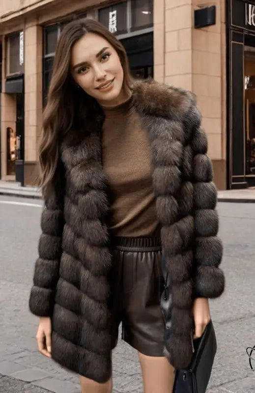 Luxurious natural fox fur hooded coat in rich brown, Langry fashion