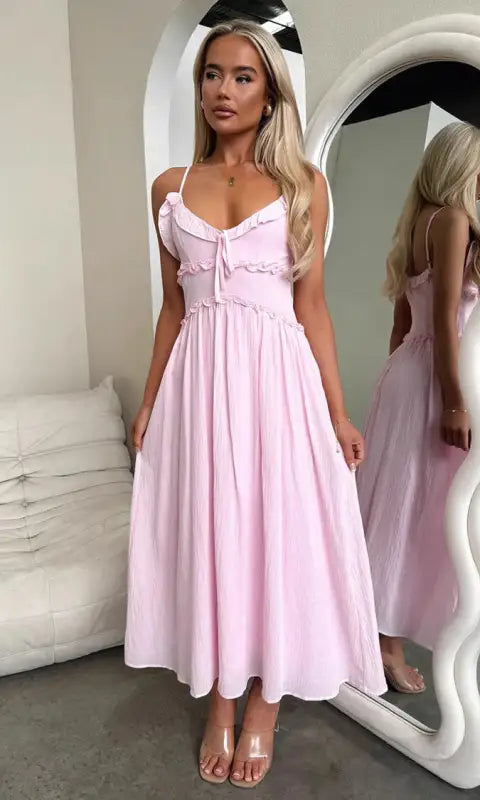 Pink spaghetti-strap elegant loose dress with sweetheart neckline
