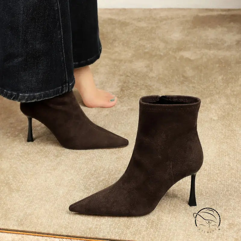 Langry fashion dark brown suede ankle boots with pointed toe and slim heel