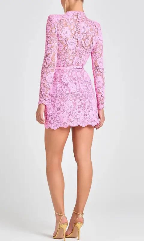 Womens pink lace sheer cutout belt mini dress with long sleeves
