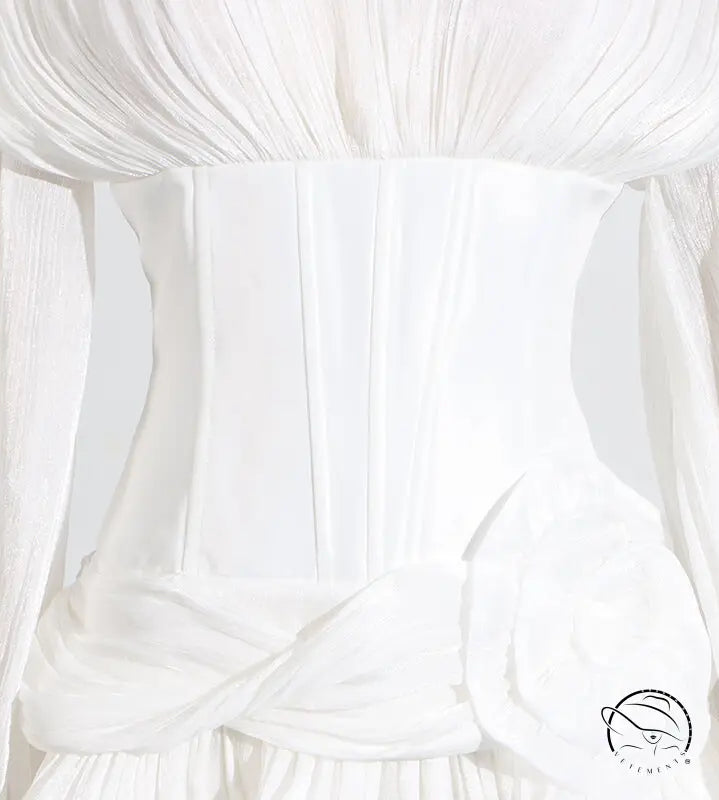 White satin langry corset with ruffled skirt and lace-up back in fashion