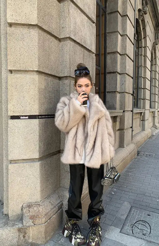 Light beige fluffy faux fur Langry winter shearling jacket