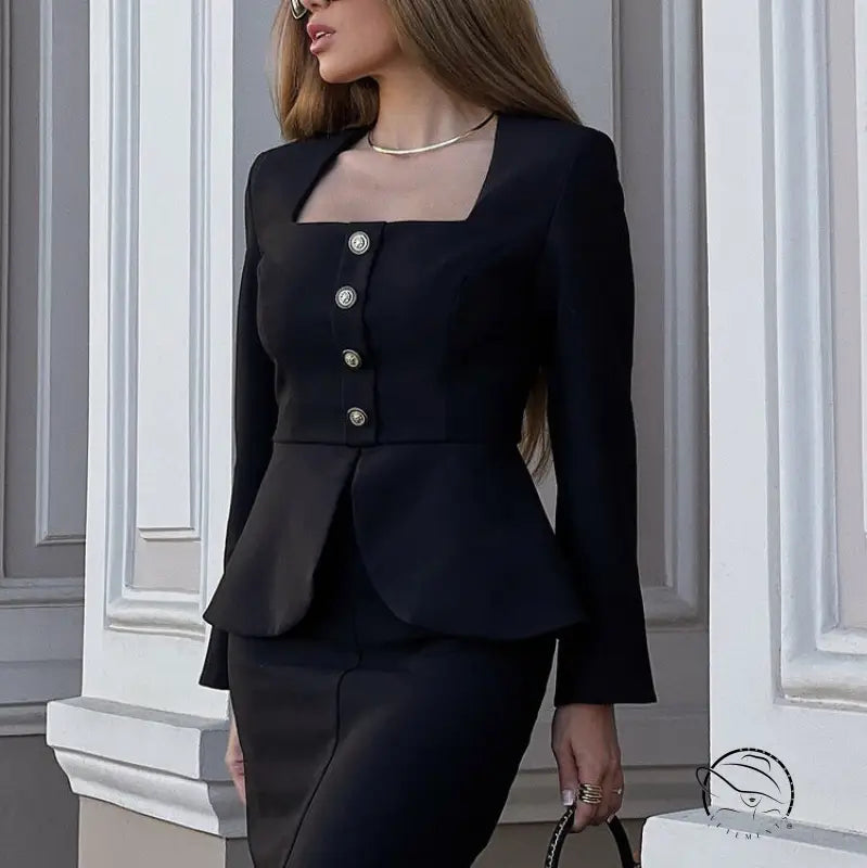 Women Square Collar Long Sleeve Cardigan Top Package Hip Skirt Two Piece Set