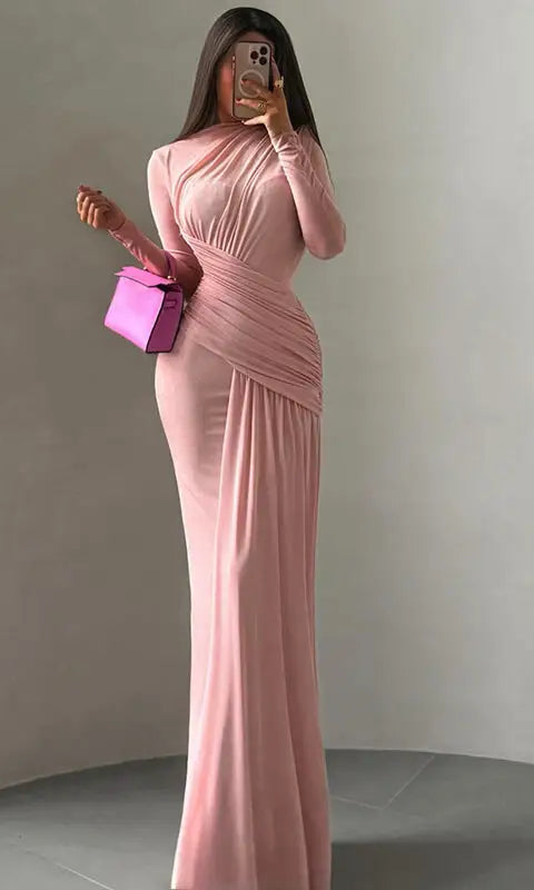 Pink winter pleated slim fit dress with long sleeves and high neckline