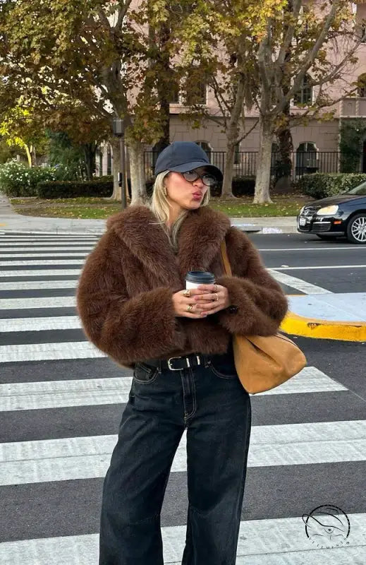 Gorgeous faux fur fox jacket with black belt, jeans, tan bag
