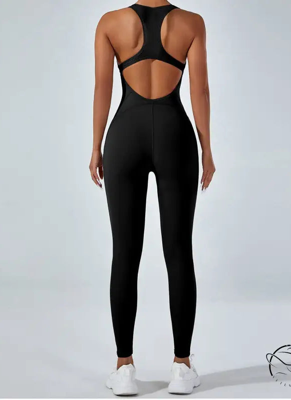 Black langry yoga one-piece jumpsuit with racerback and open back