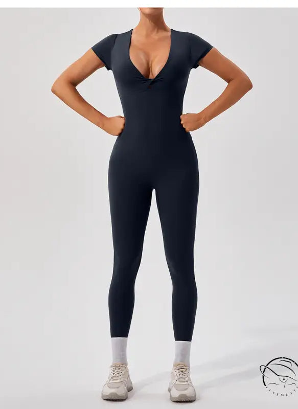 Navy blue langry fashion yoga bodysuit with deep v-neck