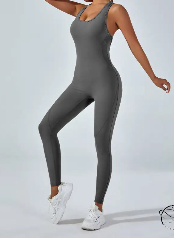 Sleek langry fashion gray yoga one-piece jumpsuit with racerback design