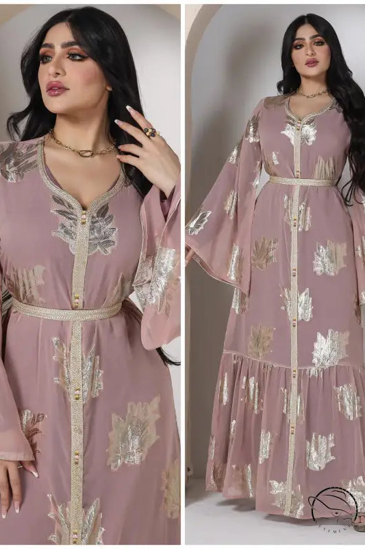 Lavender langry fashion dress with gold accents and belt