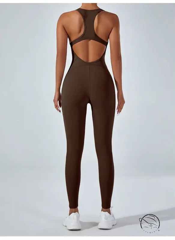 Sleek langry brown yoga one-piece jumpsuit with racerback and cutouts