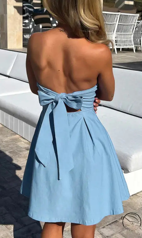 Light blue strapless short dress with back bow in Langry fashion