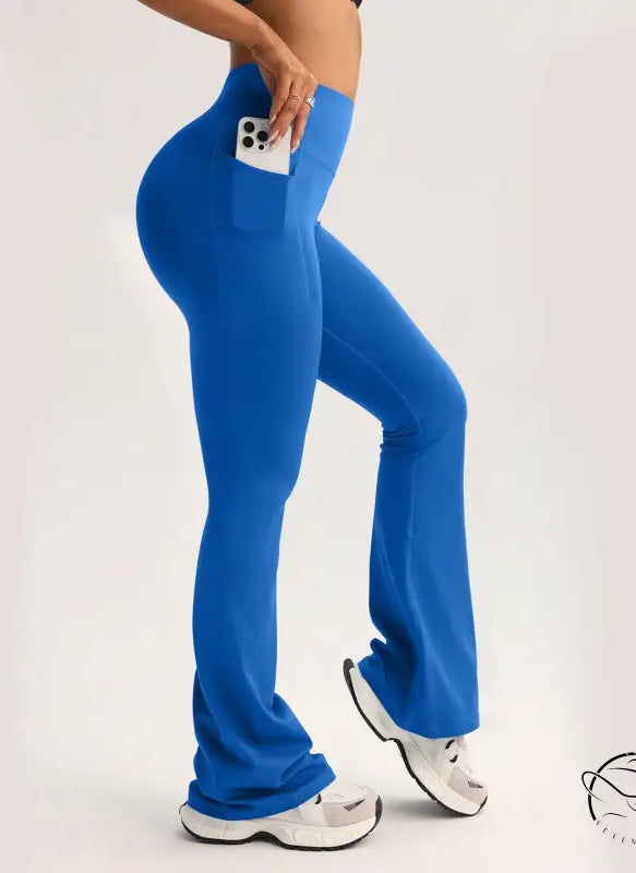 Bright blue langry fashion high-waisted flared yoga pants with phone pocket
