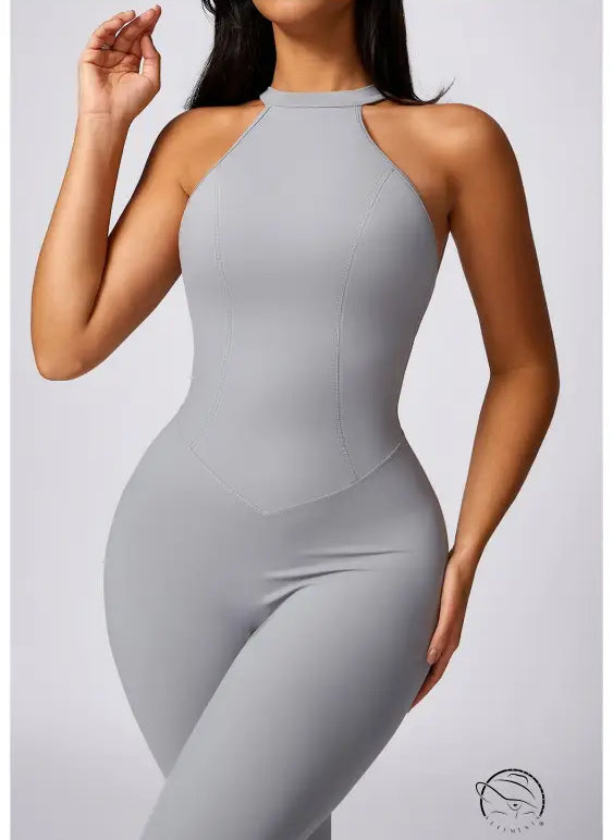 Sleek gray langry fashion ملابس hip raise yoga jumpsuit with halter neckline