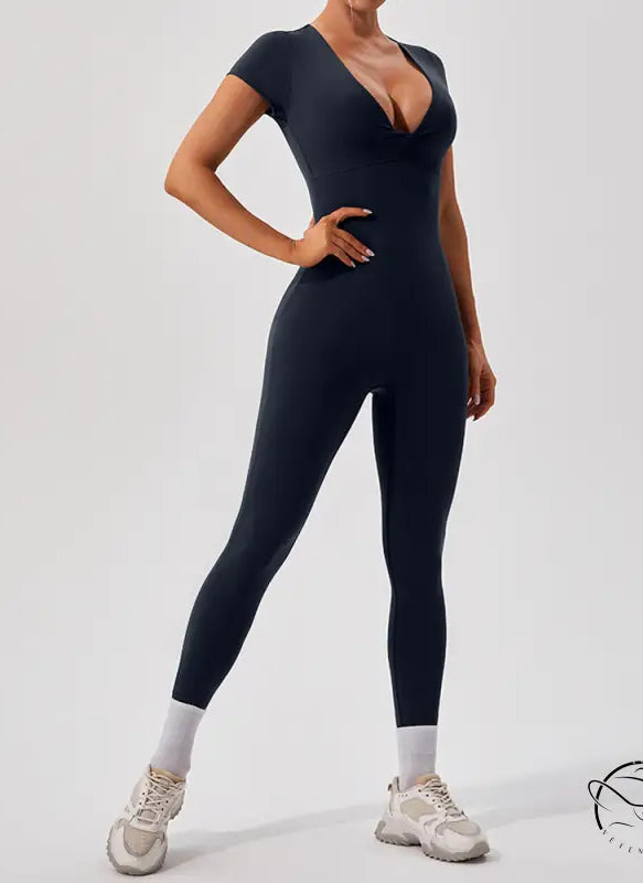 Langry black form-fitting yoga fitness bodysuit with deep V-neck