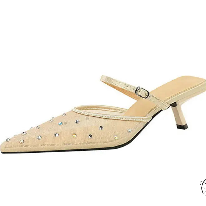 Langry fashion beige rhinestone kitten heel mule sandal with pointed toe
