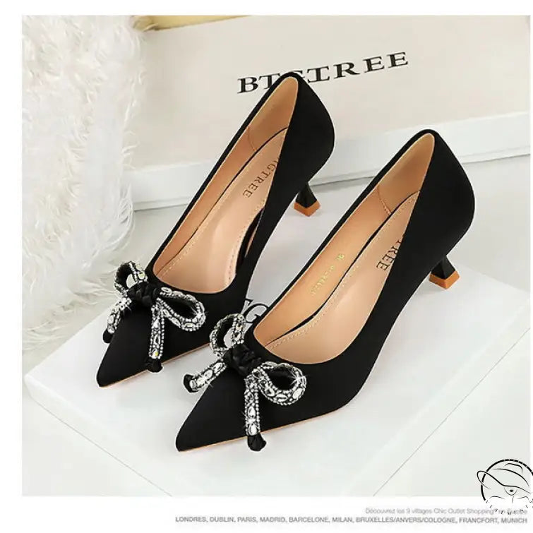 Langry fashion black suede stiletto heels with rhinestone bow accents