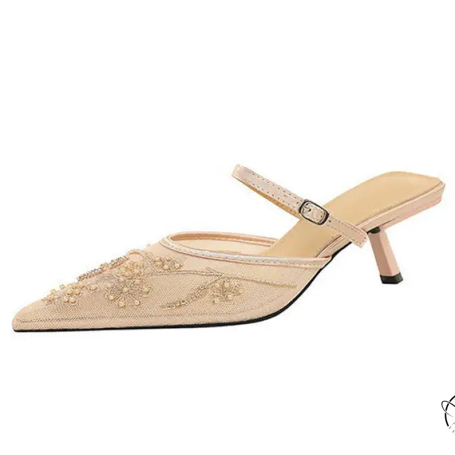 Langry fashion champagne satin kitten heel mule with floral embroidery