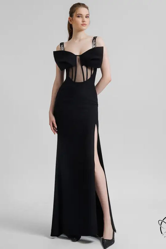 Elegant black maxi dress with sheer corset panels and thigh-high slit