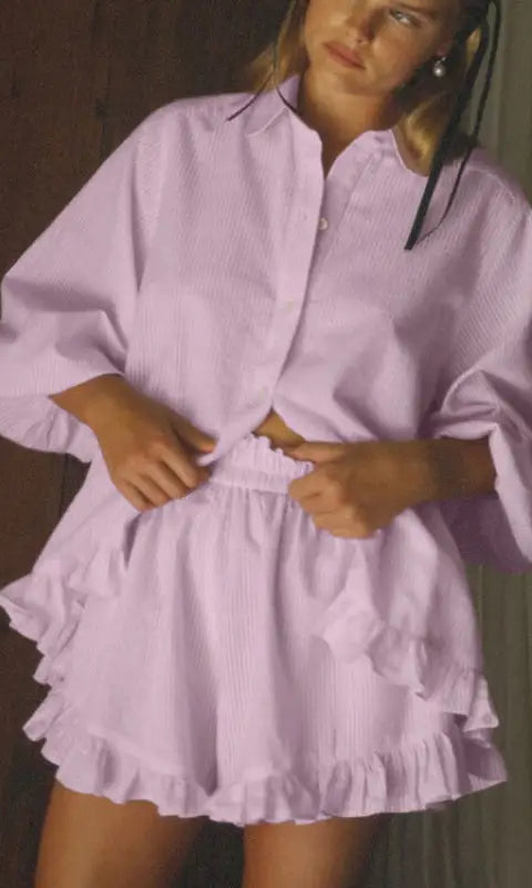 Elegant Puff Sleeve Ruffled Shirt Loose Shorts Two Piece Set