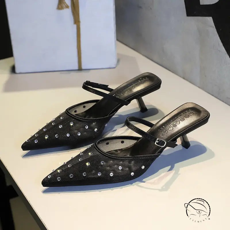 Langry fashion black studded mule heels with pointed toes and low kitten heel in French mesh lace half slippers