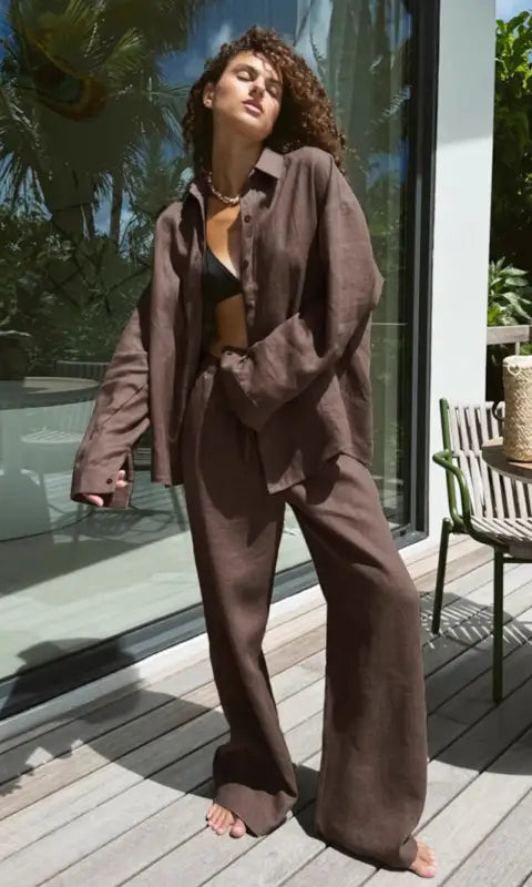 Elegant brown linen pantsuit with cotton shirt in Langry fashion