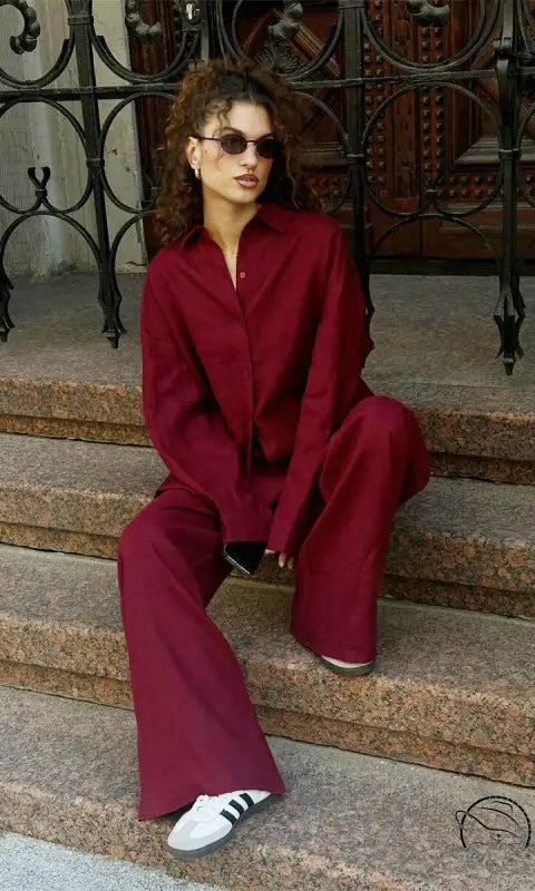 Burgundy linen suit with sneakers in Langry cotton shirt fashion set