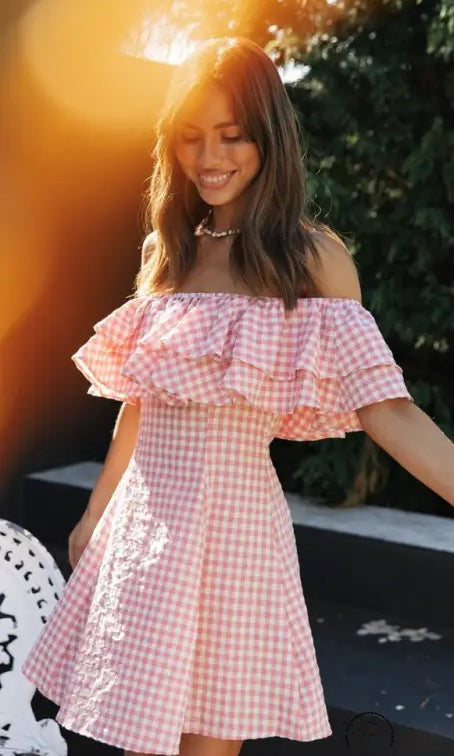 Elegant Plaid Off-shoulder Ruffled Collar Dress