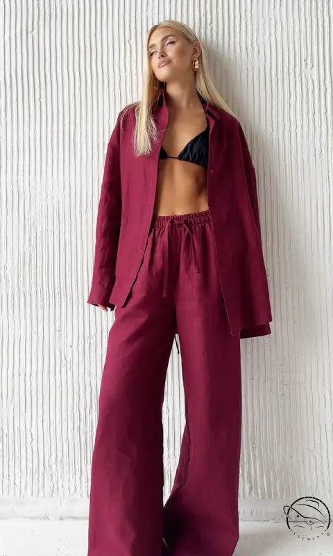 Burgundy linen pantsuit with cotton shirt in Langry fashion set
