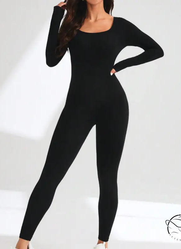 Langry black form-fitting yoga bodysuit with square neckline
