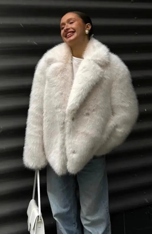Winter warm faux fur coat with fluffy white jacket, floral embellishments, structured collar