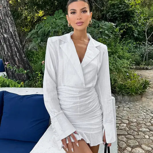 Elegant woman in stunning white langry fashion cotton linen dress