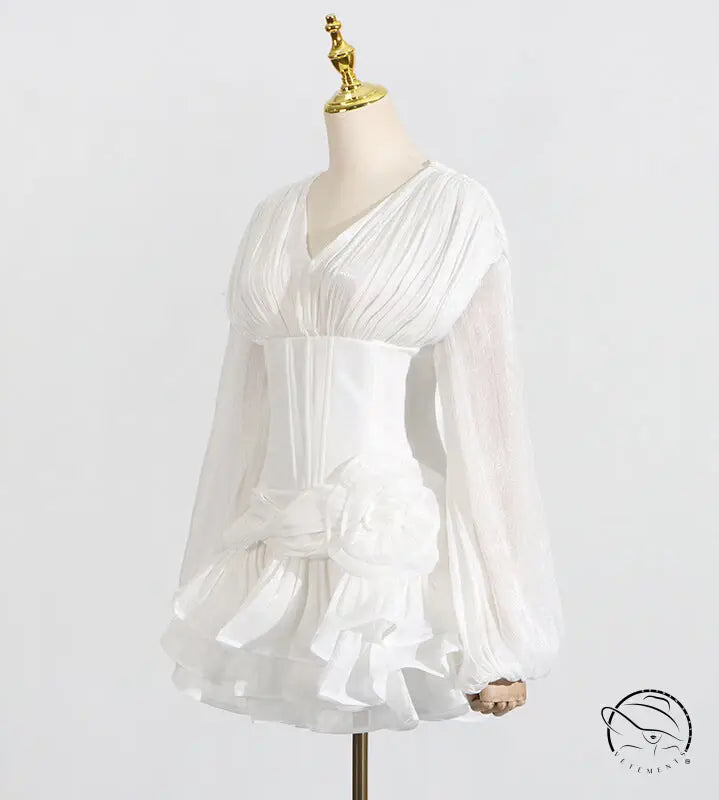 White ruffled chiffon langry fashion blouse with v-neck and long sleeves