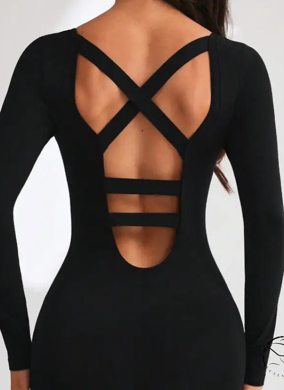 Black langry fashion ملابس: crisscross back yoga bodysuit