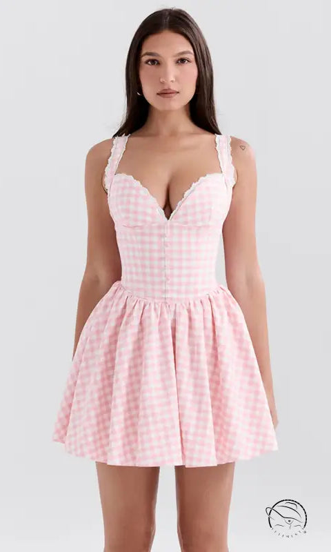 Stunning v neck sling dress in pink white gingham with sweetheart neckline