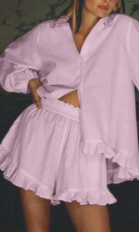 Elegant Puff Sleeve Ruffled Shirt Loose Shorts Two Piece Set